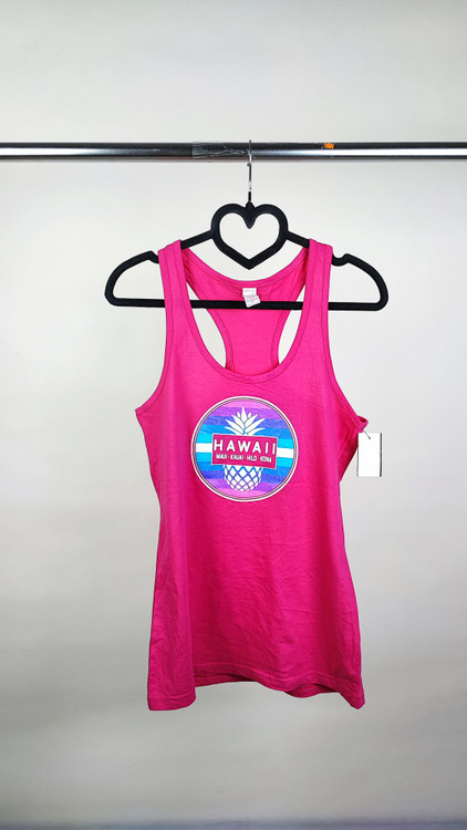 تاپ زنانه استوک خارجی برند کاٹن هریتیج رنگ صورتی سرخابی با لوگوی هاوایی مناسب سایز ۳۶ و