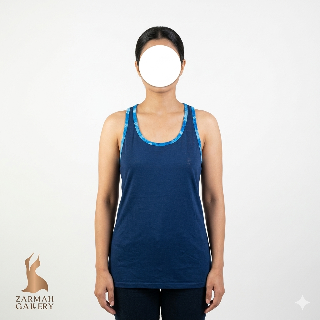 تاپ رکابی زنانه استوک وارداتی برند Eva Castillo رنگ سرمهای با یقه تزیینی آبی سایز مدیوم