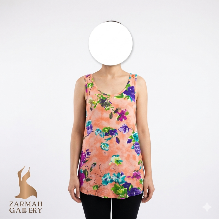 تاپ زنانه بند پهن استوک برند اکلیپس رنگ نارنجی با گلهای بنفش و سبز تنخور جلو کامل