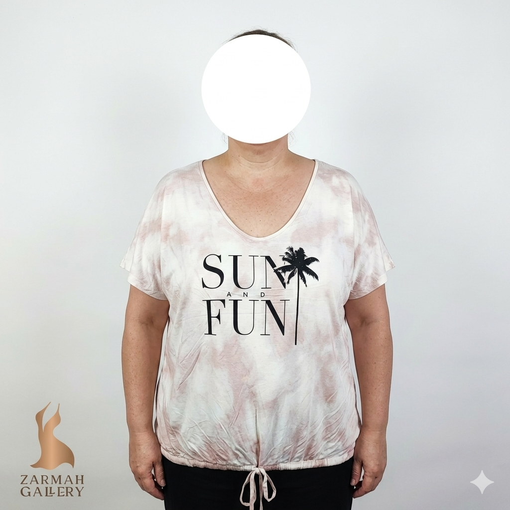 تیشرت زنانه وارداتی استوک برند Reitmans سایز بزرگ رنگ صورتی-سفید ابروبادی با چاپ نخل مدل Sun and Fun