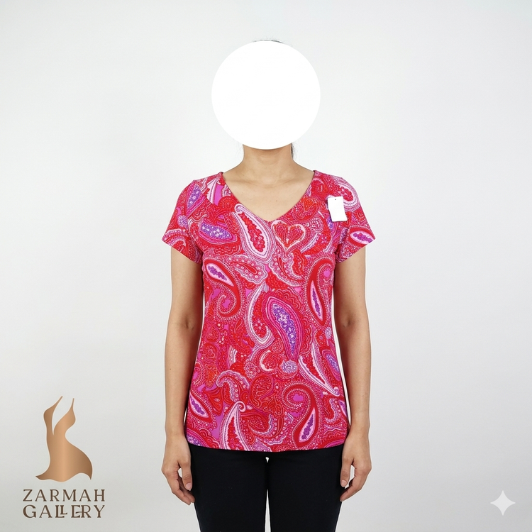 تیشرت زنانه آستین کوتاه برند جونز نیویورک طرح بتهجقه قرمز و بنفش یقه هفت جنس نخپنبه