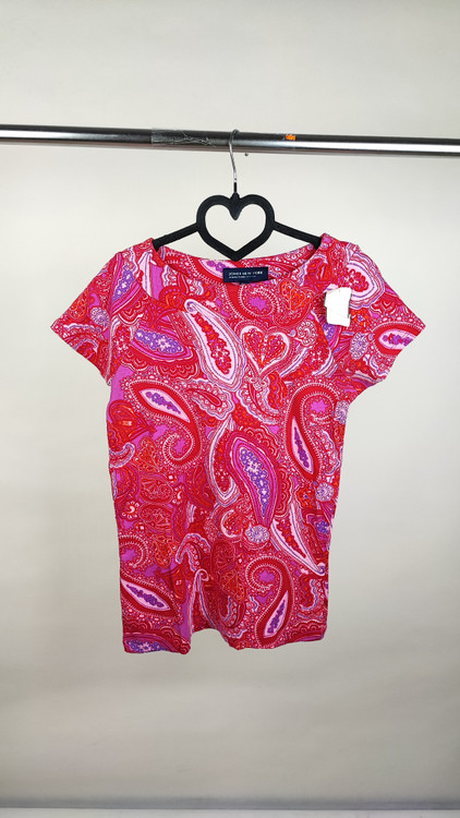 تیشرت زنانه آستین کوتاه برند جونز نیویورک طرح بتهجقه قرمز و بنفش یقه هفت جنس نخپنبه