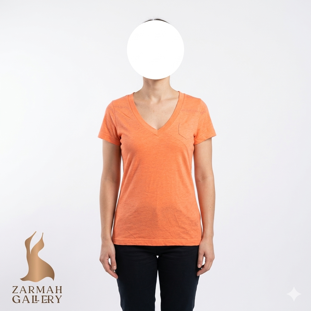 تیشرت زنانه یقه هفت جیبدار رنگ نارنجی روشن برند استوک، پارچه خنک، مناسب استفاده روزمره