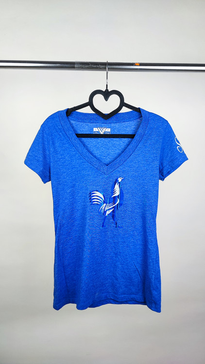 تیشرت زنانه یقه هفت برند Levelwear رنگ آبی ملانژ طرحدار استوک وارداتی گرید