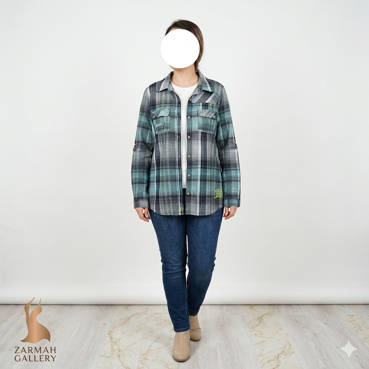 شومیز چهارخونه زنانه نخی برند فاکس رنگ سبز آبی و طوسی استوک اورجینال مناسب استایل کژوال