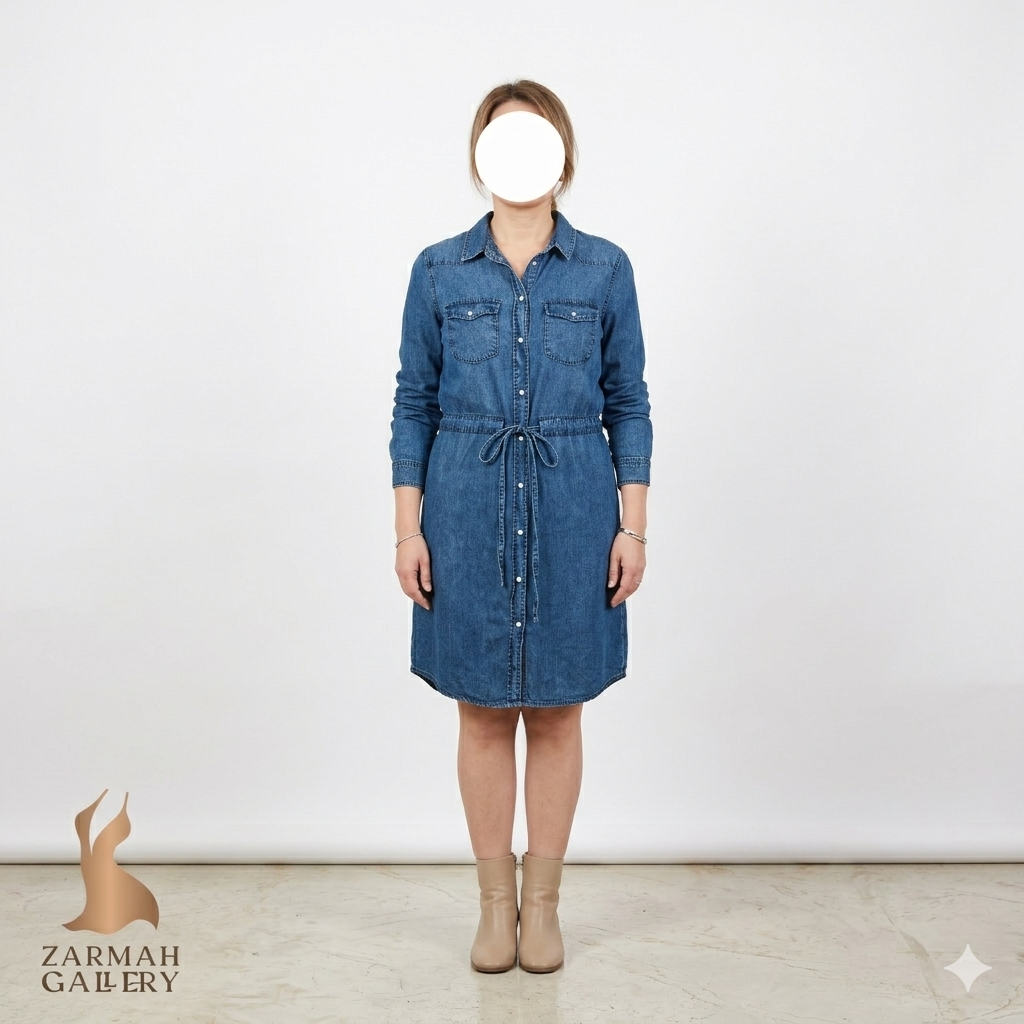 پیراهن جین زنانه استوک اروپایی برند ورومودا رنگ آبی متوسط میدی با آستین بلند و کمربند