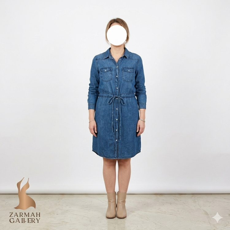 پیراهن جین زنانه استوک اروپایی برند ورومودا رنگ آبی متوسط میدی با آستین بلند و کمربند