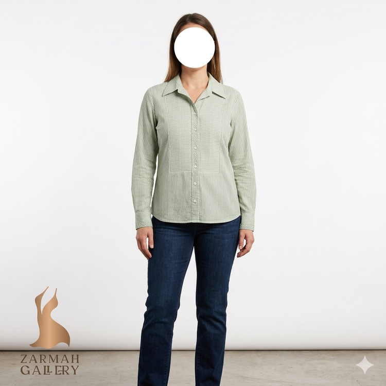 شومیز زنانه استوک برند جونز نیویورک رنگ سبز ملایم راه راه ۱۰۰ درصد پنبه مدل کلاسیک