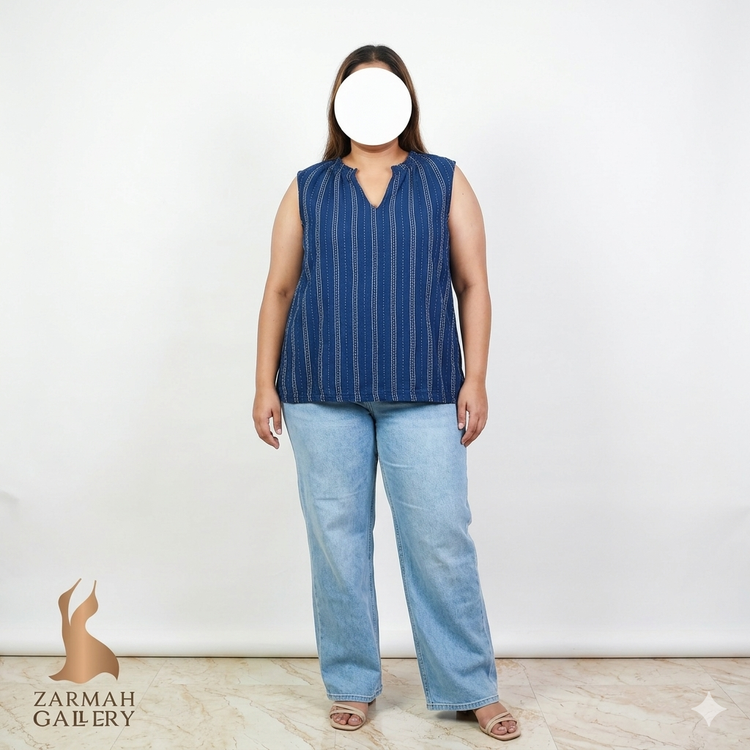 تاپ زنانه سایزبزرگ برند تایم اند ترو رنگ سرمهای راه راه جنس لنین و ریون خنک تابستانی