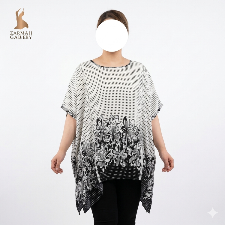 تونیک زنانه سایزبزرگ وارداتی حریر سفید و مشکی طرحدار کد ۲۲۹۴، نمای روبرو تنخور مدل - زرماه گالری