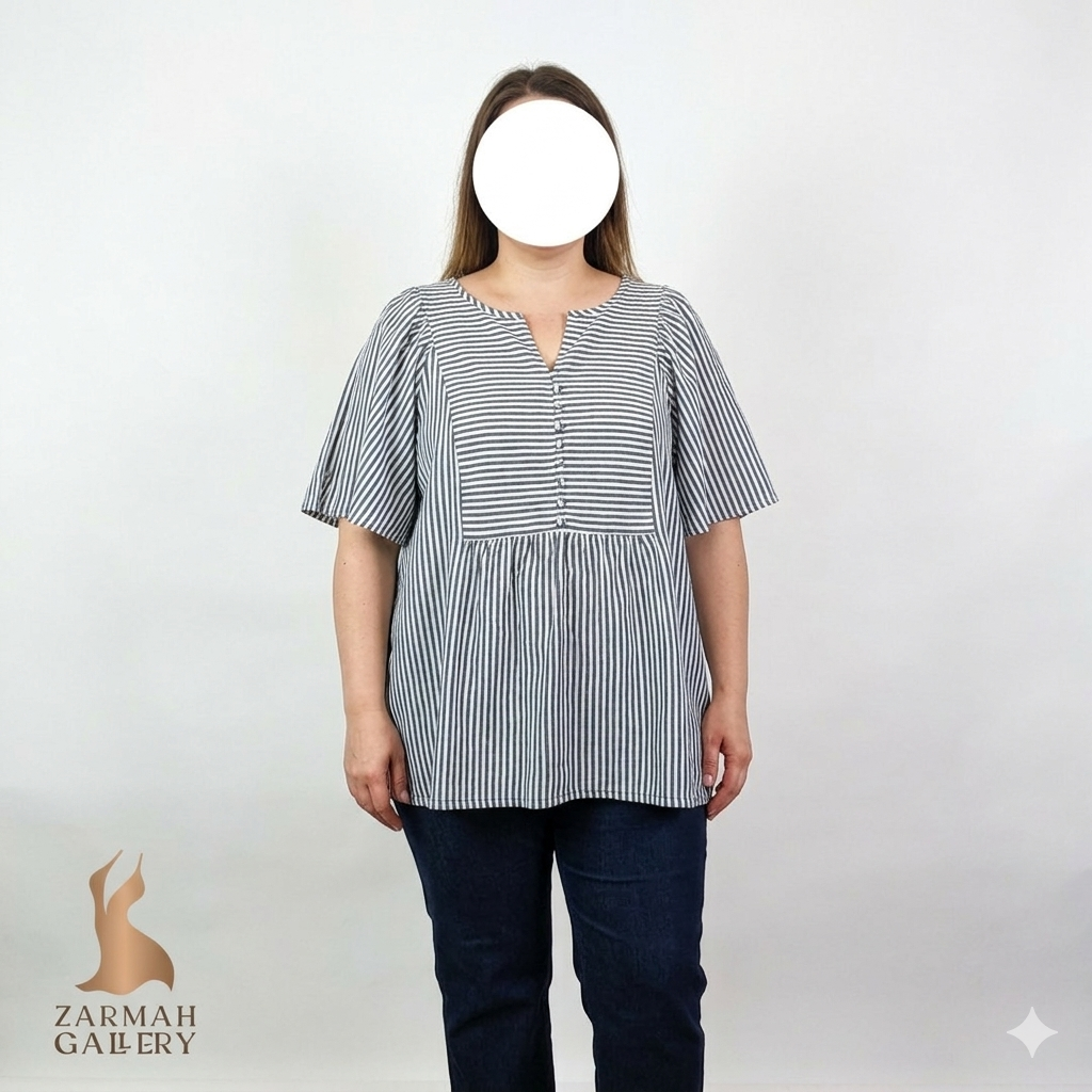 شومیز زنانه سایزبزرگ راه راه سفید سرمهای ۱۰۰٪ پنبه، وارداتی استوک گرید b با ایراد جزئی، موجود در زرماه گالری