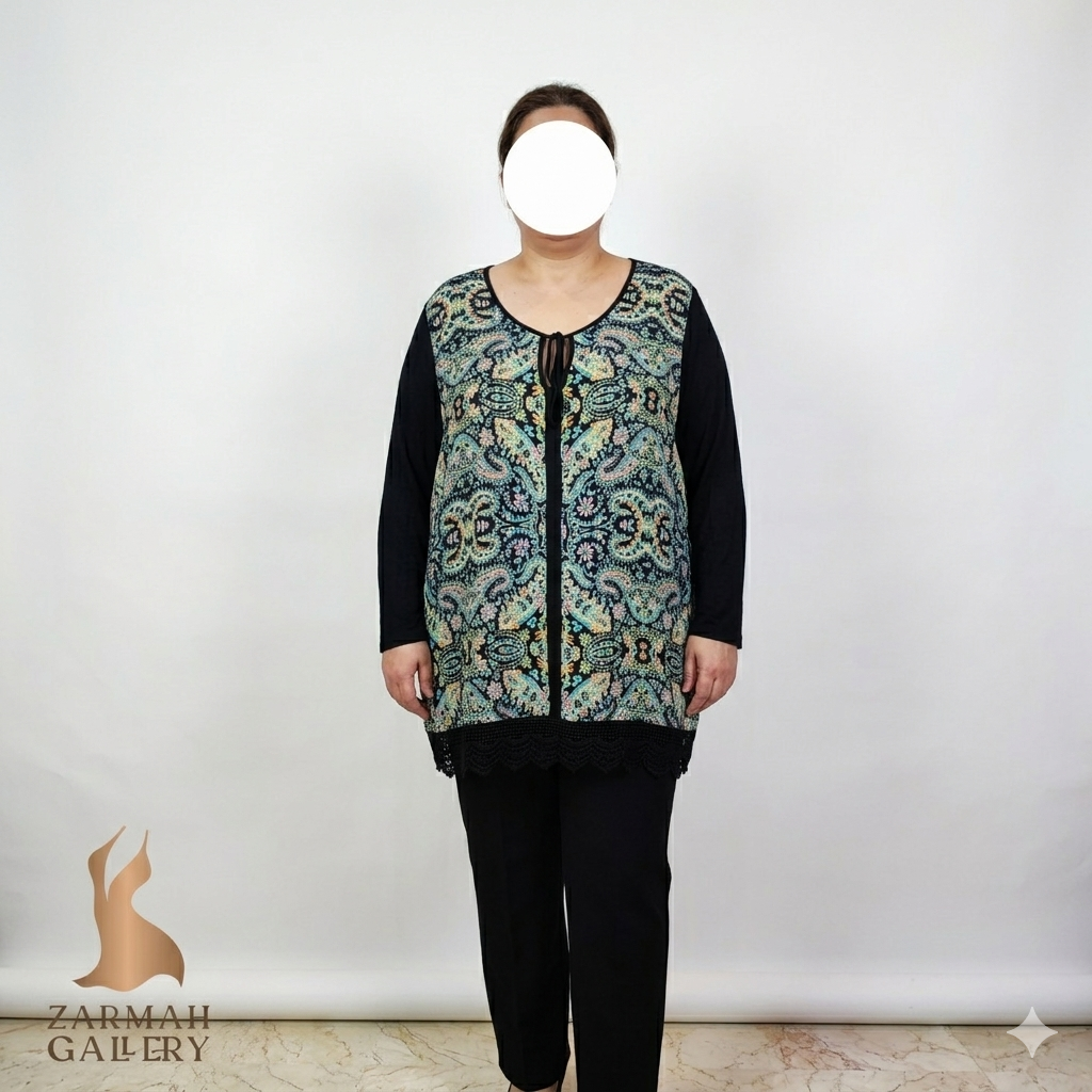 شومیز زنانه سایز بزرگ برند Rose + Olive استوک اروپایی گرید B رنگ مشکی با پنل جلو بتهجقه رنگی و لبه توری