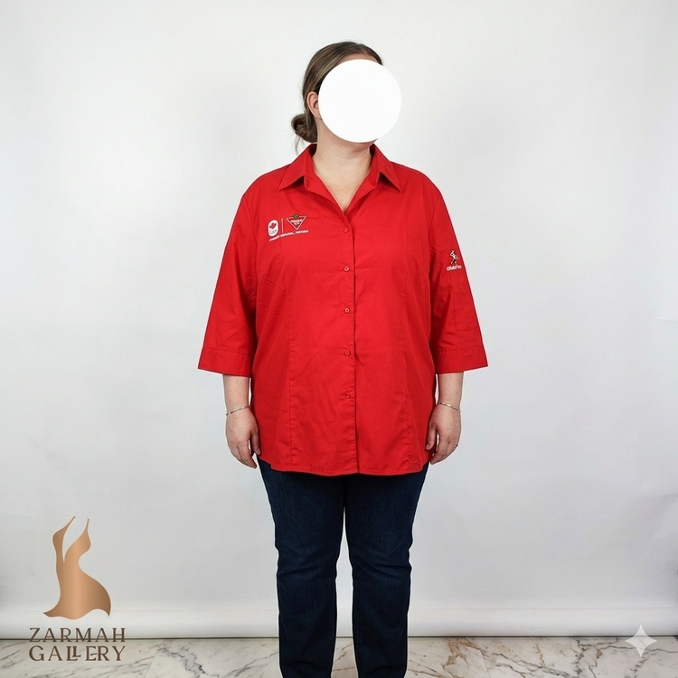 شومیز کار زنانه سایزبزرگ برند C.E.O. رنگ قرمز با لوگوی گلدوزی شده تایر کانادایی مناسب استایل کژوال