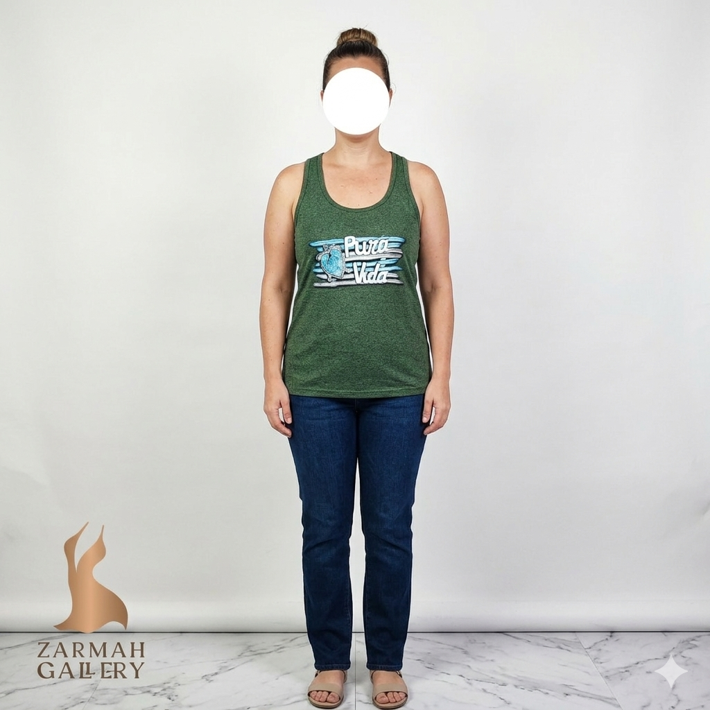 تاپ زنانه استوک وارداتی برند Tamarindo رنگ سبز یشمی ملانژ سایز لارج با چاپ "Pura Vida" و طرح لاکپشت
