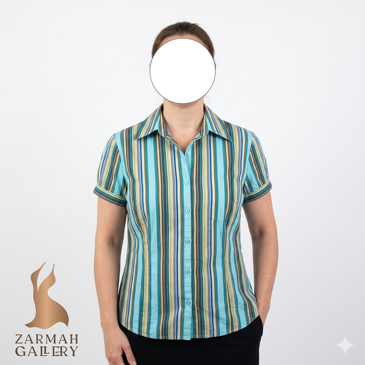 شومیز زنانه آستین کوتاه راهراه رنگی (آبی، زرد، قهوهای) برند لاُفت استوک اروپایی گرید