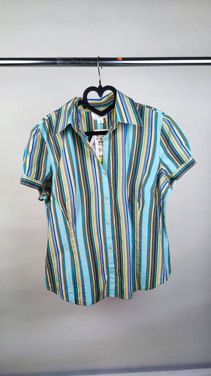 شومیز زنانه آستین کوتاه راهراه رنگی (آبی، زرد، قهوهای) برند لاُفت استوک اروپایی گرید