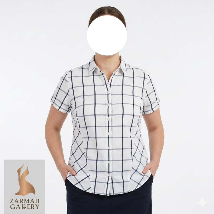 شومیز نخی زنانه استوک برند 7th Avenue رنگ سفید با چهارخانه سرمهای کد ۲۲۱۵ مناسب سایز ۴۰ تا ۴۲ با تنخور کژوال