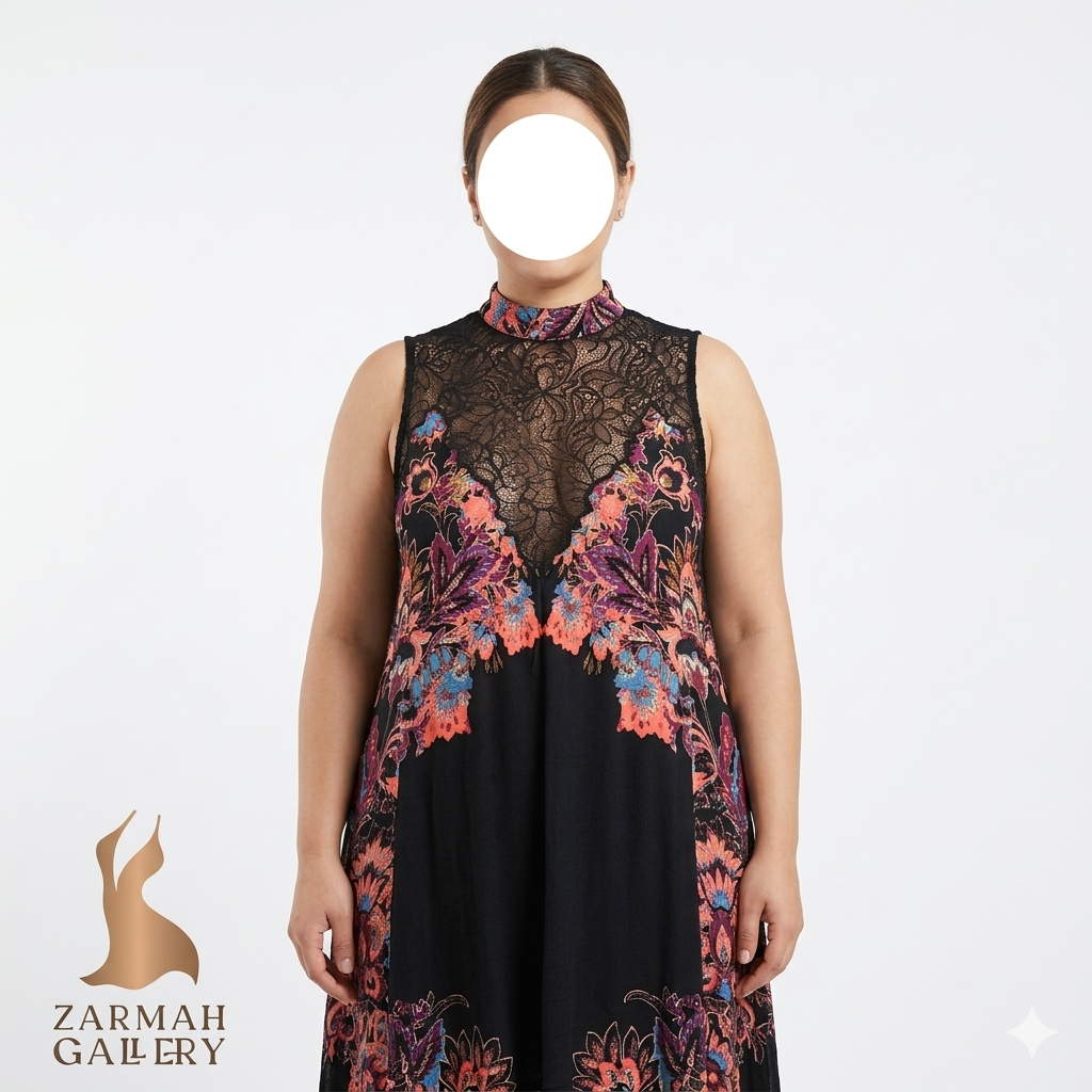 تاپ زنانه استوک اروپایی برند فری پیپل (Free People) مشکی با طرحهای رنگی اسلیمی و یقه ایستاده گیپور، گرید A, موجود در زرماه گالری