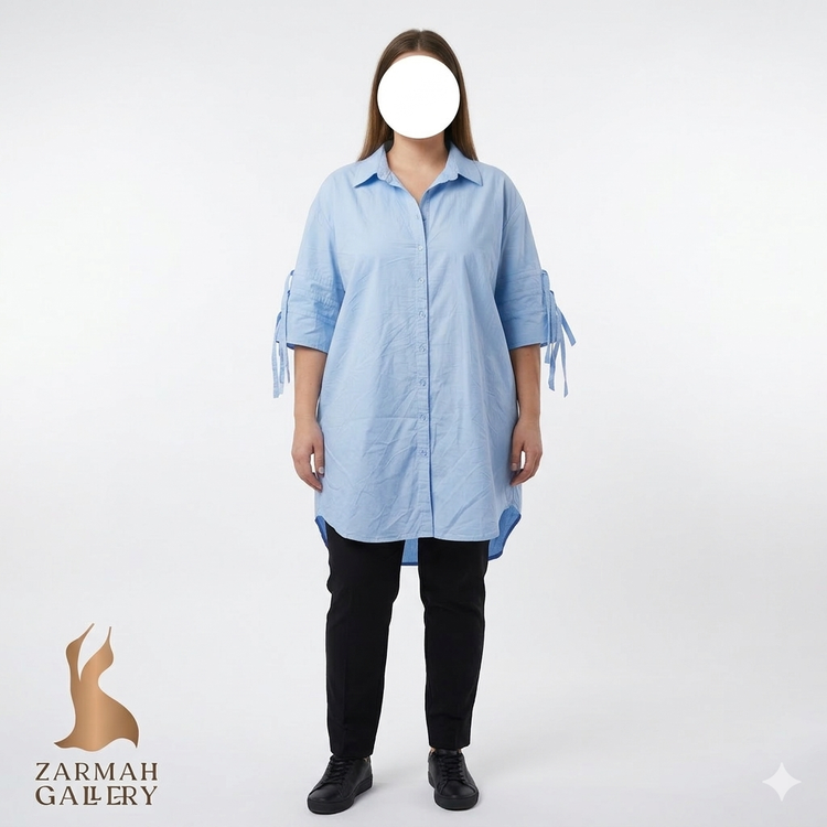 شومیز مانتویی زنانه استوک آبی روشن برند وارداتی کد ۲۲۲۲ سایز بزرگ مناسب استایل کژوال - فروشگاه زرماه گالری