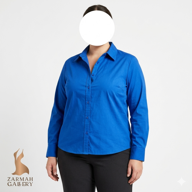 شومیز زنانه آستین بلند برند Liz Claiborne رنگ آبی کاربنی استوک اروپایی گرید A مناسب استایل رسمی و کژوال