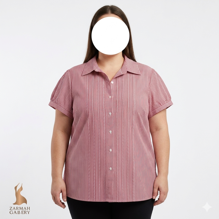 شومیز آستین کوتاه زنانه سایز بزرگ راهراه قرمز و سفید استوک اروپایی گرید A برند