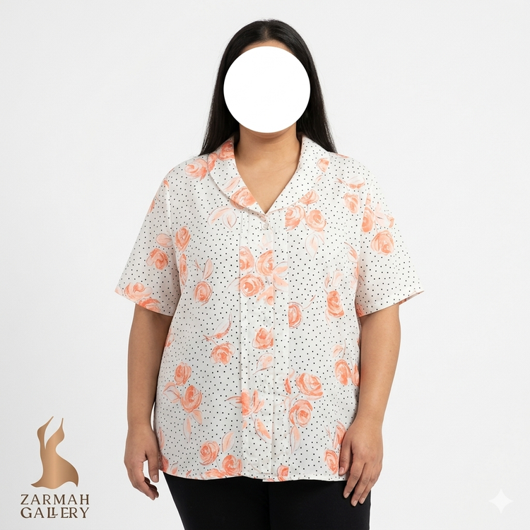 شومیز زنانه سایزبزرگ برند Size Appeal رنگ سفید با گلهای صورتی و خالخال مشکی استوک اروپایی گرید