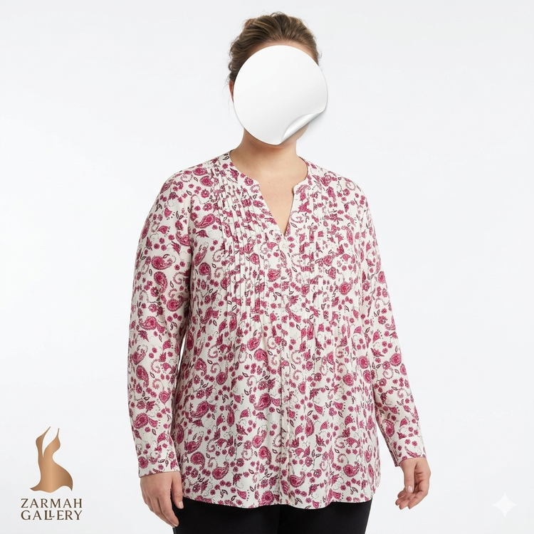 شومیز سایز بزرگ زنانه وارداتی برند Woman Within رنگ سفید با طرح بتهجقه صورتی گرید A مناسب سایز ۵۶ و