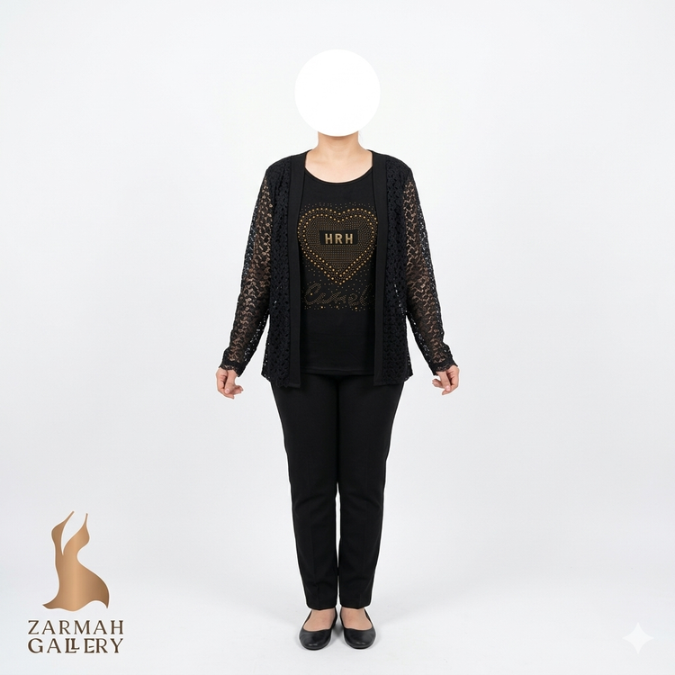 شومیز مشکی زنانه نگیندار برند استوک با رویه آستین گیپور ظریف سایز ۳۸ ۴۰