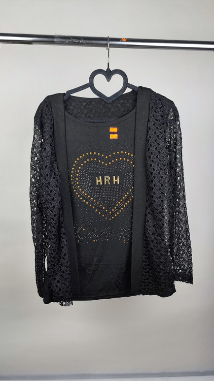 شومیز مشکی زنانه نگیندار برند استوک با رویه آستین گیپور ظریف سایز ۳۸ ۴۰