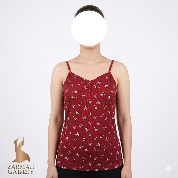 تاپ بندی زنانه استوک خارجی برند نو باندریز رنگ زرشکی گلدار پارچه کبریتی گرید B مناسب استایل راحت و خانگی