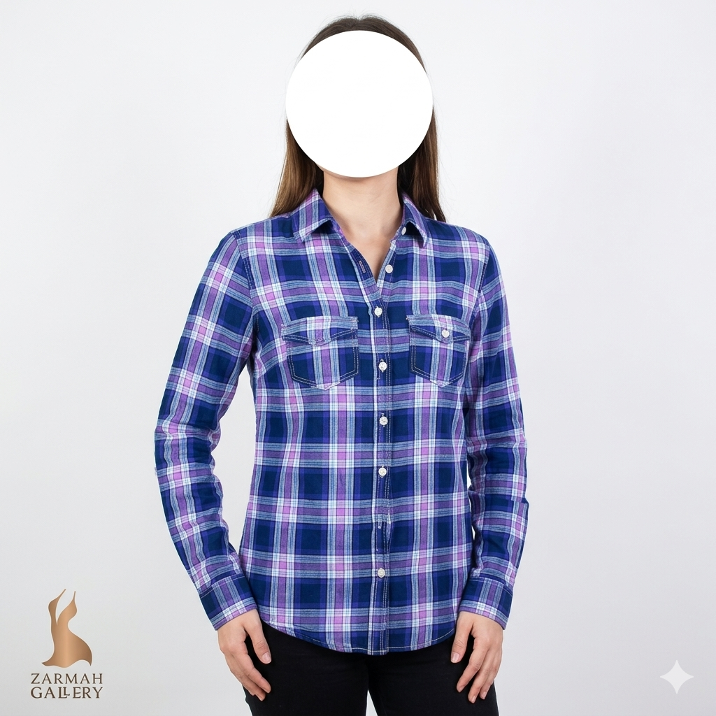 شومیز چهارخانه زنانه استوک برند آیروپوستال ترکیب رنگ بنفش و سرمهای جنس نخی وارداتی