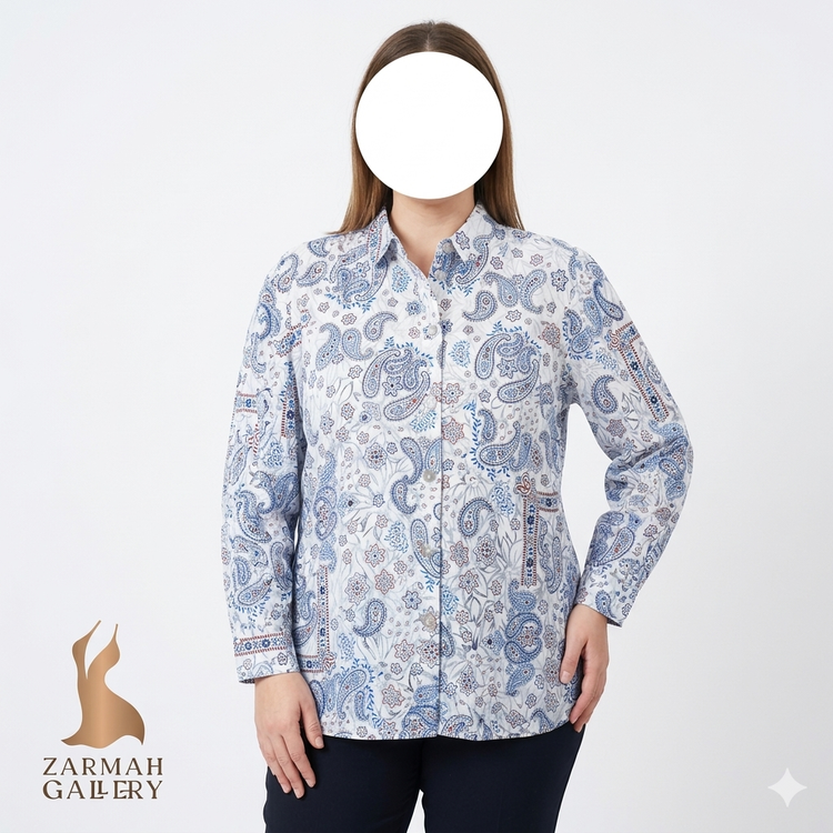 شومیز زنانه استوک اروپایی گرید A طرح بتهجقه آبی و قرمز برند Draper's & Damon's سایز بزرگ مدل کژوال