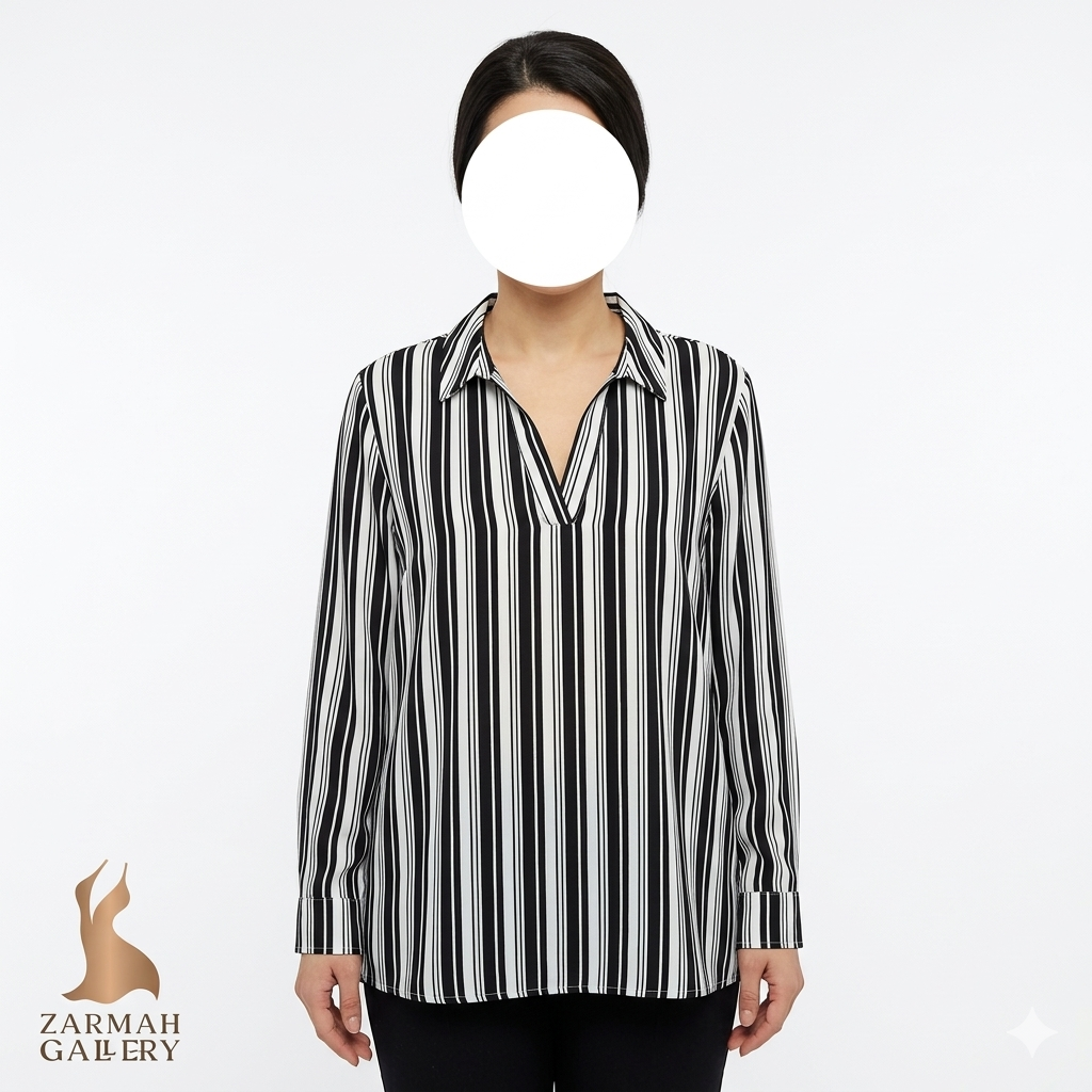 شومیز راه راه مشکی سفید زنانه برند TEMT استوک وارداتی سایز بزرگ تنخور شیک مناسب استایل رسمی و کژوال