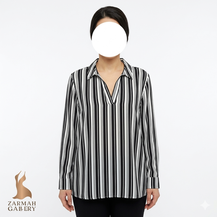 شومیز راه راه مشکی سفید زنانه برند TEMT استوک وارداتی سایز بزرگ تنخور شیک مناسب استایل رسمی و کژوال