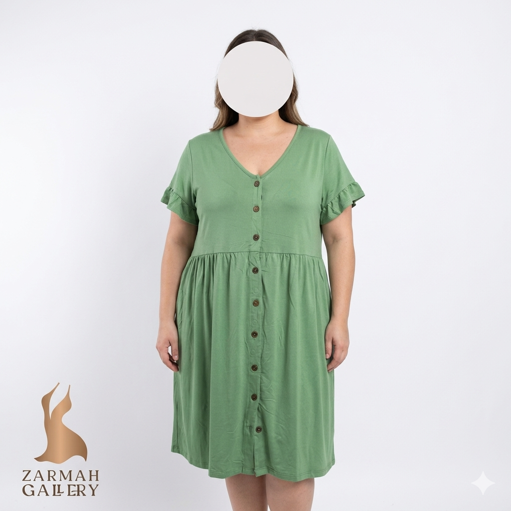 پیراهن نخی زنانه سایز بزرگ برند لولارو رنگ سبز دکمهدار استوک وارداتی درجه یک موجود در زرماه گالری