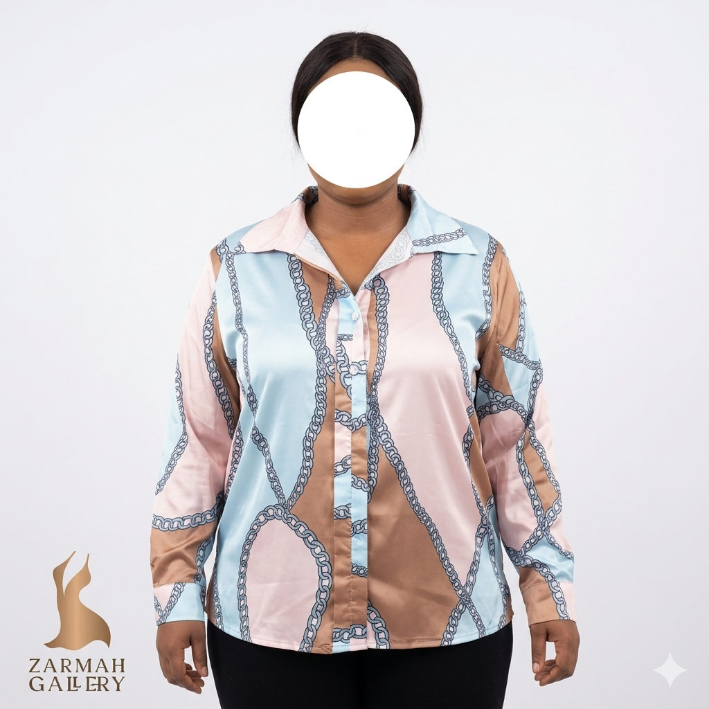 شومیز زنانه استوک وارداتی رنگ صورتی و آبی با طرح زنجیری برند اروپایی سایز بزرگ مناسب استایل مجلسی و کژوال در فروشگاه زرماه گالری