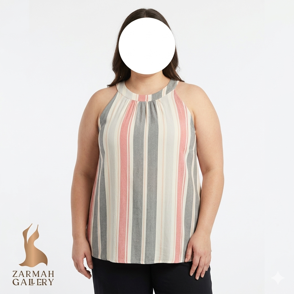 تاپ زنانه سایزبزرگ برند خارجی تورید رنگ راه راه صورتی و طوسی استوک وارداتی زرماه گالری