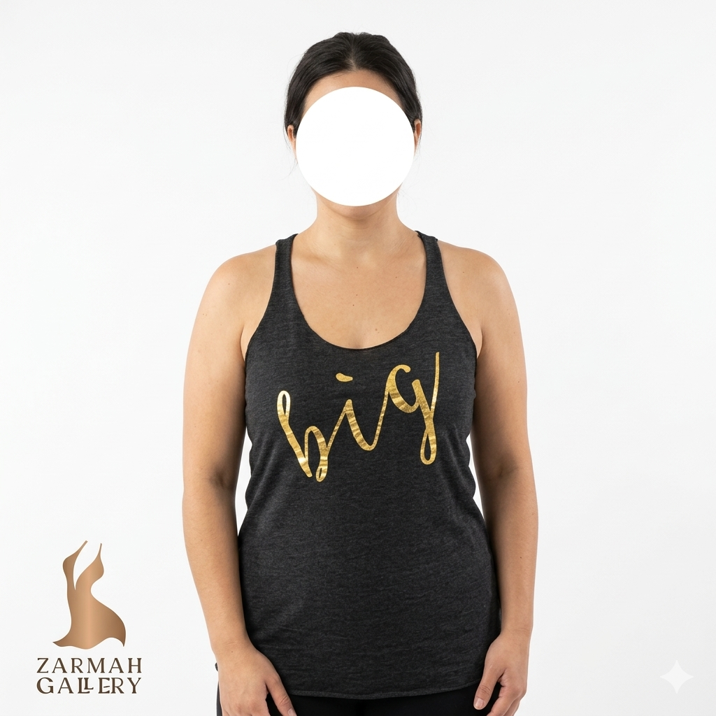 تاپ زنانه رکابی ذغالی با چاپ طلایی کلمه big وارداتی استوک از نمای روبهرو تنخور گالری زرماه