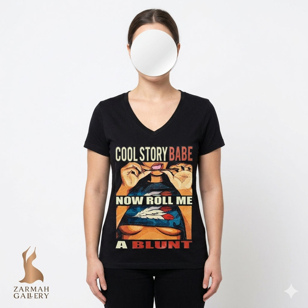 خرید تیشرت زنانه مشکی یقه هفت استوک برند Next Level با طرح گرافیکی فانتزی "Cool Story Babe" مناسب استایل خیابانی