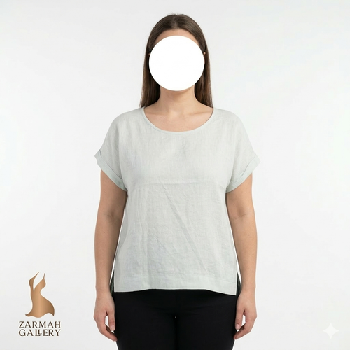 شومیز زنانه آستین کوتاهِ کتان برند ویلی اسمیت رنگ سبز نعنایی روشن، مناسب سایز ۴۲-۴۴، استوک گرید B.