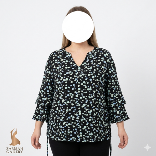 شومیز زنانه مشکی با گلهای آبی و سبز برند جاستیس استوک اروپایی گرید A مناسب سایز ۴۰ تا ۴۲