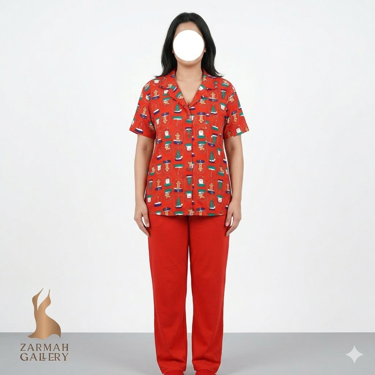 ست شومیز و شلوار راحتی زنانه قرمز طرح کریسمس برند Brilliant Basics وارداتی سایز بزرگ