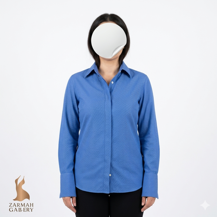 شومیز زنانه استوک اروپایی برند پینک تارتان (Pink Tartan) رنگ آبی با بافت ریز دابی سایز مدیوم مناسب استایل رسمی و کژوال