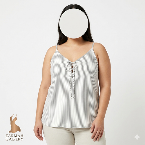 تاپ زنانه راهراه سفید و آبی برند Torrid سایز بزرگ استوک با یقه بنددار.