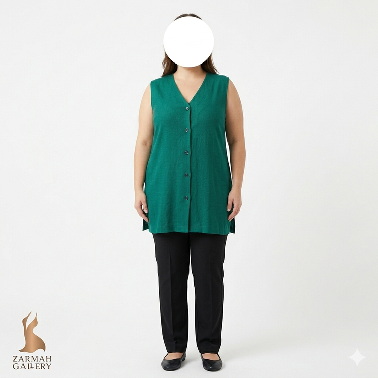 تاپ زنانه سایز بزرگ برند بریگز (Briggs) مدل جلو دکمهدار یقه هفت، رنگ سبز زمردی، سایز ۲X وارداتی