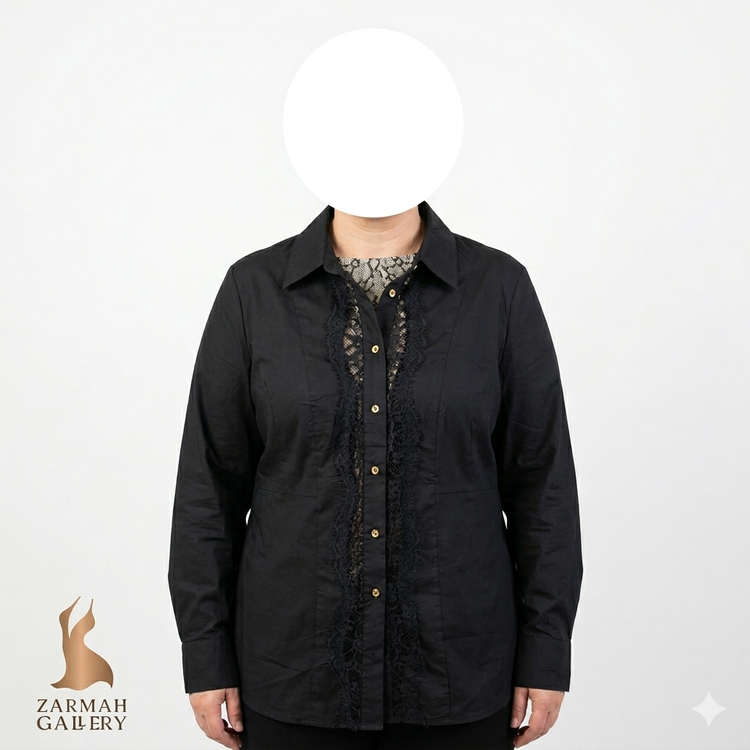 شومیز مشکی زنانه سایز بزرگ برند ورتینگتون استوک وارداتی با پنل گیپور جلو و دکمهدار