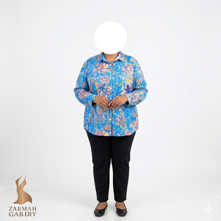 شومیز زنانه سایزبزرگ برند آلفرد دانر طرح گلدار آبی استوک وارداتی گرید A مناسب استایل راحتی و مجلسی گالری زرماه