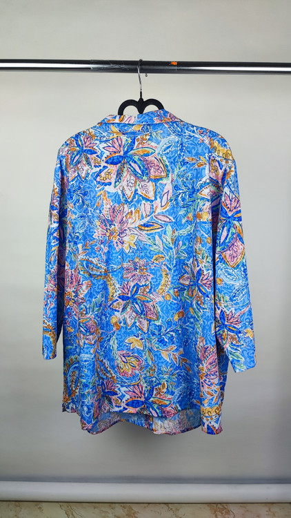 شومیز زنانه سایزبزرگ برند آلفرد دانر طرح گلدار آبی استوک وارداتی گرید A مناسب استایل راحتی و مجلسی گالری زرماه