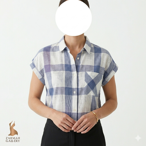 شومیز زنانه آستین کوتاه نخ پنبه چهارخونه آبی و سفید برند موریس استوک وارداتی گرید C دارای لکه های رنگپریدگی جزئی گالری زرماه