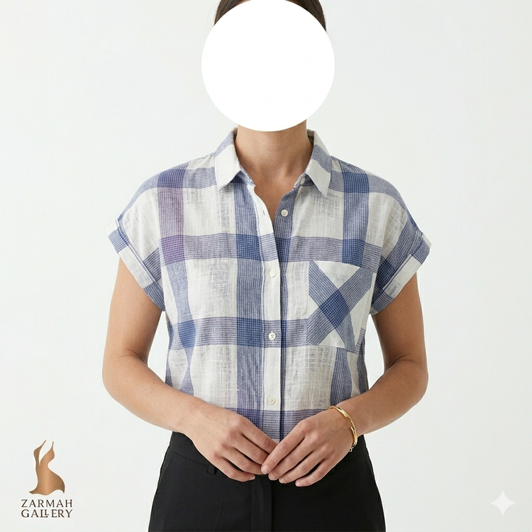 شومیز زنانه آستین کوتاه نخ پنبه چهارخونه آبی و سفید برند موریس استوک وارداتی گرید C دارای لکه های رنگپریدگی جزئی گالری زرماه